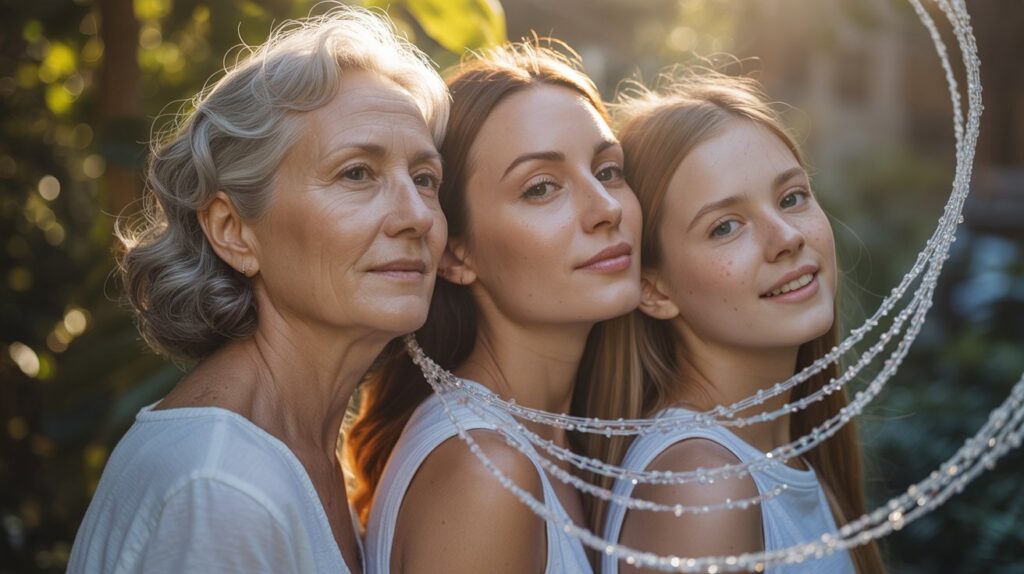A serene, radiant depiction of individuals across generations—each exuding vitality, smooth skin, and graceful movement—in a lush, sunlit environment. Visual elements of cellular renewal and collagen strands intertwine subtly in the background. The mood is rejuvenating, timeless, and aspirational, celebrating youthful energy at every age.