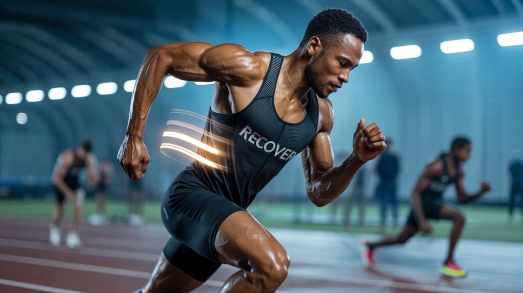 An active scene featuring athletes and fitness enthusiasts seamlessly moving from intense training to rapid recovery. Soft, glowing silhouettes show accelerated muscle and tissue repair, with visual motifs of renewal and strength. The overall feeling is dynamic, resilient, and focused on optimized physical potential.