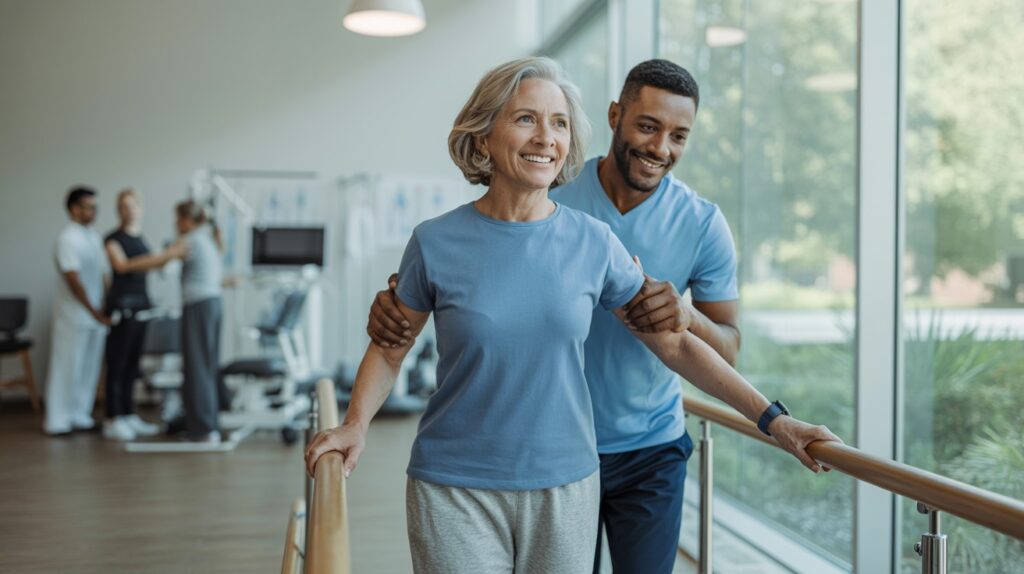 A powerful, inspirational visual of a patient regaining strength and independence, supported by a diverse team of specialists, surrounded by advanced medical tools and a soft aura of trust and integrity, embodying expertise, ethical care, and lasting results.
