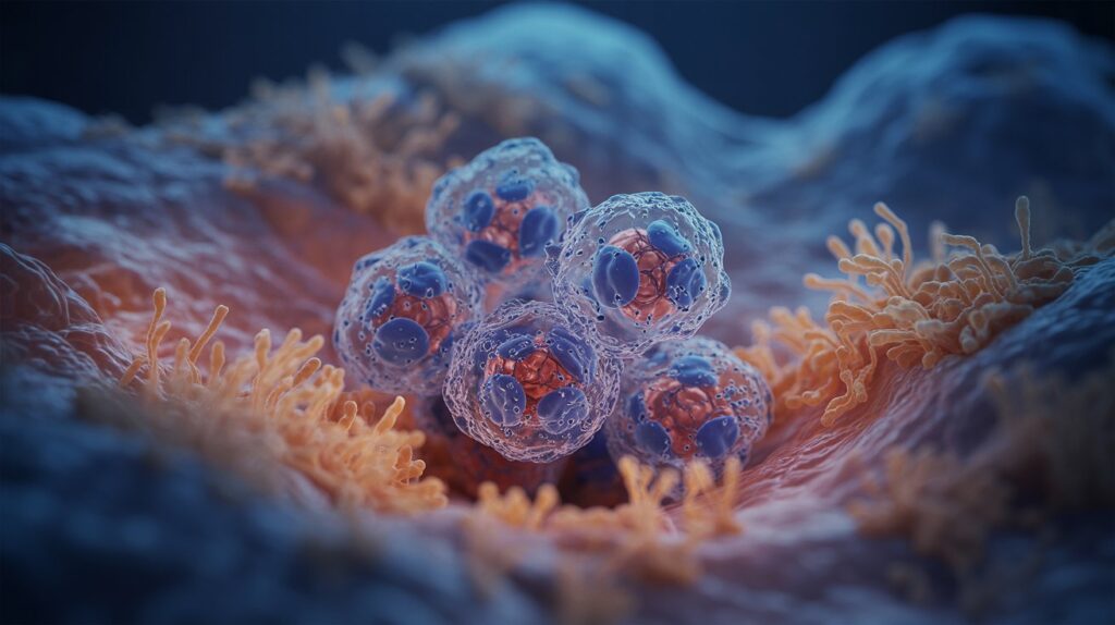 An intricate microscopic landscape of dynamic, interconnected cells actively repairing tissue—stem cells dividing, growth factors glowing, and healthy tissue emerging, all in a vibrant, high-tech visual style that conveys precision and biological harmony.