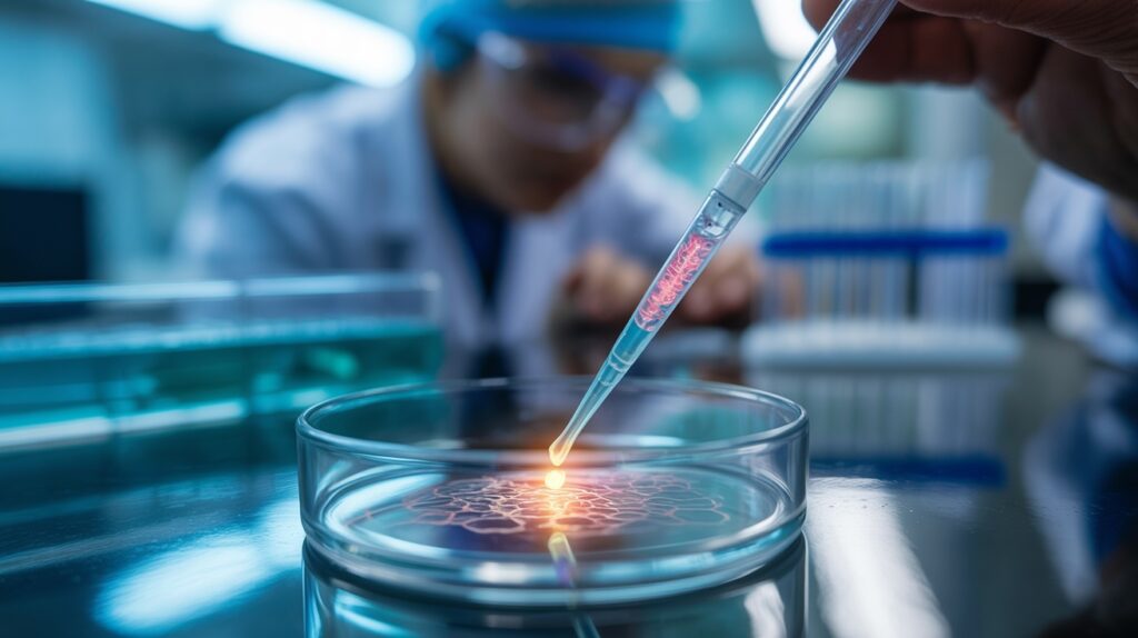 A sophisticated clinical setting showing a close-up of stem cells being carefully extracted and then introduced into damaged tissue, visualized as a cascade of vibrant, transforming cells rebuilding and renewing a joint or organ, exuding cutting-edge innovation and hope.
