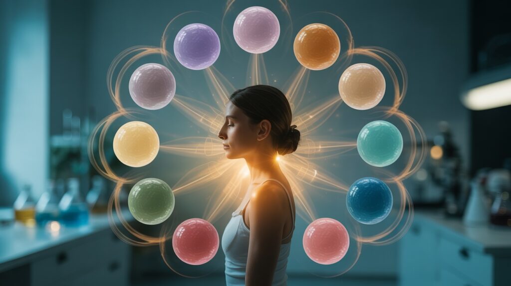 A balanced, harmonious human silhouette surrounded by softly glowing orbs representing hormones in perfect synergy, with subtle visual cues of energy, vitality, and tissue repair radiating outward, set against a gentle, scientific, and uplifting background.