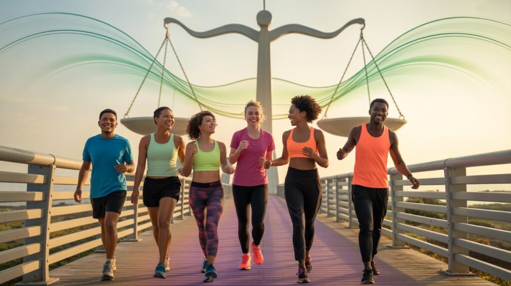 A confident, diverse group of individuals in motion—walking, exercising, and engaging in healthy activities—set against a backdrop of balanced scales and vibrant, flowing energy. Subtle visual threads connect the group, illustrating hormonal regulation and appetite control. The mood is empowered, energetic, and hopeful, expressing sustainable transformation.